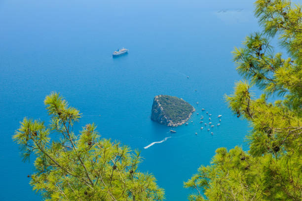 From the Tunektepe Cable Car, a panoramic view Rat Island of Antalya, Turkey. The city's architecture is nestled between the azure sea in the foreground and the towering mountains in the background.