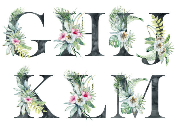 Watercolor tropical letters. Watercolor floral letters for wedding invitations, greeting card, birthday, logo, poster and other. Black letters. happy birthday hand lettering clip art stock illustrations