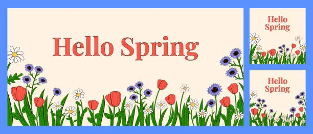 Vector illustration of A set of horizontal and square backgrounds with spring flowers around the edge in a cartoon style. Colorful banner, post for florists, greeting cards.