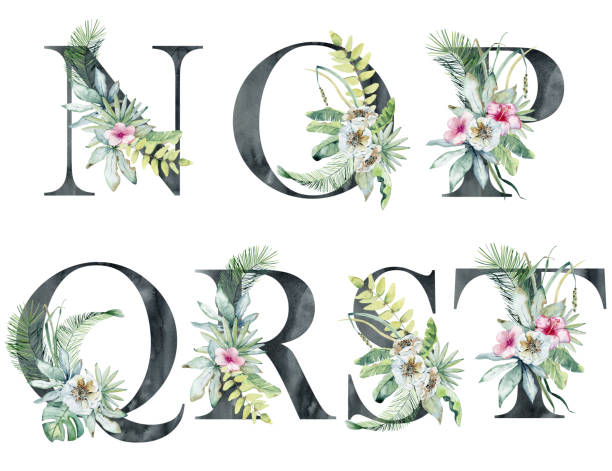 Watercolor tropical letters. Watercolor floral letters for wedding invitations, greeting card, birthday, logo, poster and other. Black letters. happy birthday hand lettering clip art stock illustrations