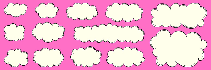 Set of white cartoon clouds in retro linear style. Vector doodles with place for text, hand drawn for banners, posters in comic style.