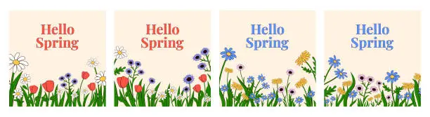 Vector illustration of Spring square backgrounds with flowers around the edge in a cartoon style. Editable vector template for card, banner, invitation, social media post, poster, mobile app, web advertising.