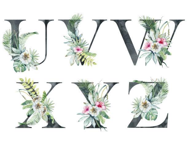 Watercolor tropical letters. Watercolor floral letters for wedding invitations, greeting card, birthday, logo, poster and other. Black letters. happy birthday hand lettering clip art stock illustrations