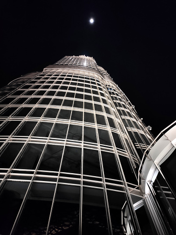 Dubai, UAE - January 24, 2024: Burj Khalifa skyscraper seen up close from its observation deck at night