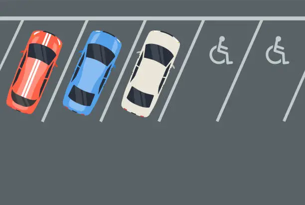 Vector illustration of Top view of car vehicle in parking. Parking in city. Parking zone with place for disable.