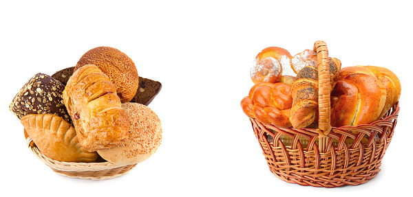 Buns and sweet pastries in a wicker basket isolated on white background. Collage. Free space for text. Wide photo.