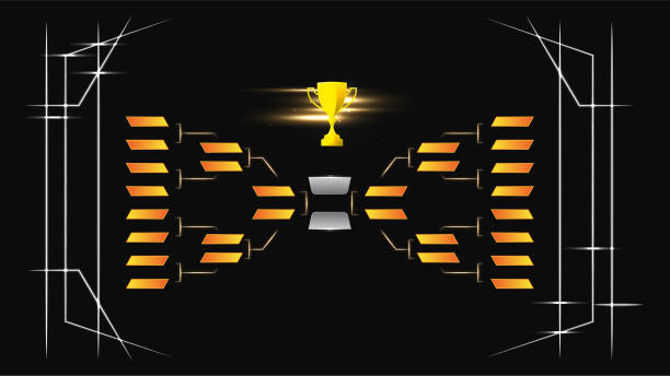 Modern sport game bracket board with gold champion trophy against black background. Illustration in tech theme style layout.