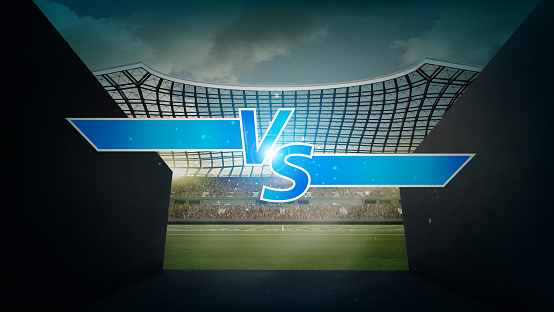 Poster. Creative illustration for battle, team competition with Versus logo with blue neon lights and sparkles against empty soccer field background. Copy space to insert text. Concept of sport, match