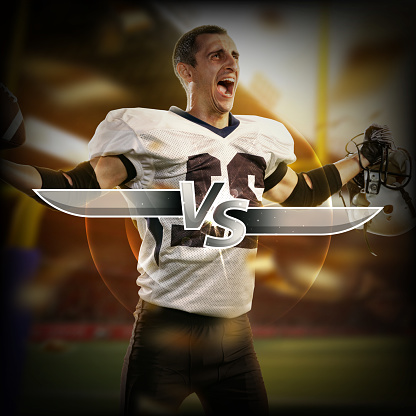 Joyful young man in American football uniform raised hands and shouting in the end of game. mage with letters VS for versus battles in silver color. Concept of sport, tournament, match, championship.