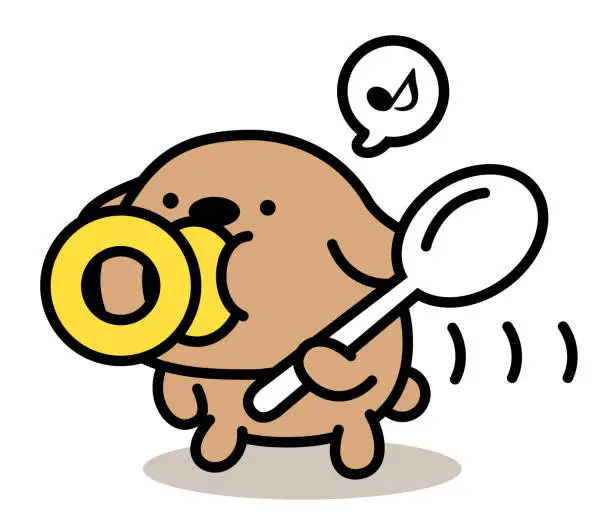 Vector illustration of A cute dog, sucking a pacifier, rearing up, walking, whistling, and holding a big spoon