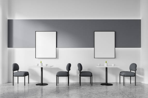 istock White and gray cafe interior with posters 2040383139