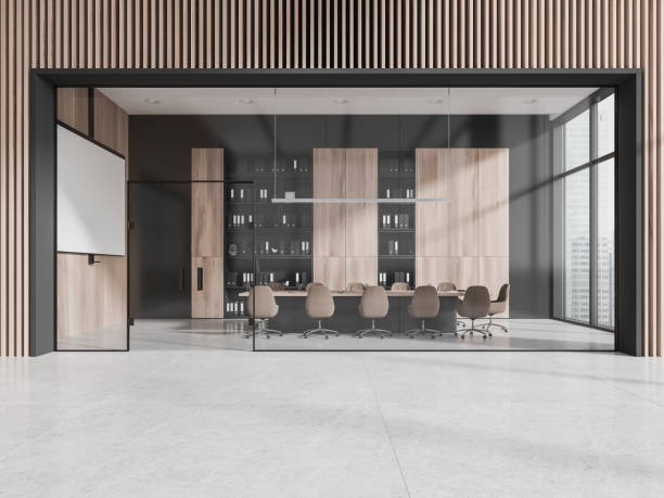 istock Modern meeting room interior with mock up projection screen, panoramic window 2040383147