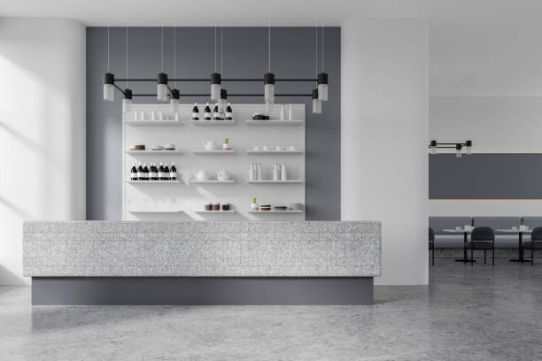 istock Stylish cafe interior with stone bar counter and shelf with dishes, dining space 2040383670