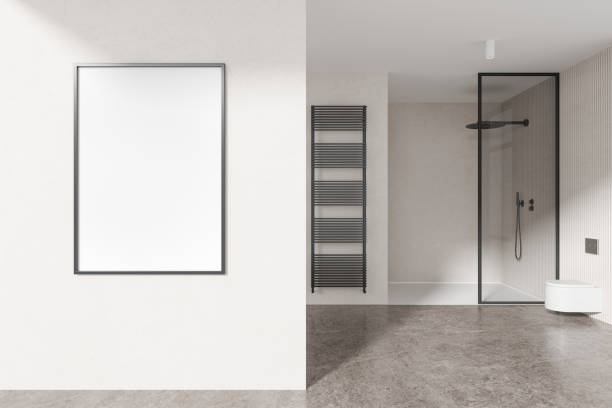 istock Cozy bathroom interior with toilet, shower and towel rail. Mockup frame 2040384195