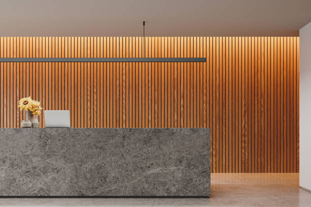istock Modern office reception interior stone desk with laptop, entrance 2040384742