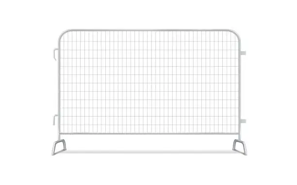 Vector illustration of Metal interlocking event security barricade fence panel mockup. Steel crowd control barrier. Realistic vector mock-up