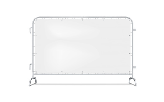 Metal interlocking barricade fence with white blank grommet banner streamer realistic vector mock-up. Steel grid barrier with stretched graphic panel mockup