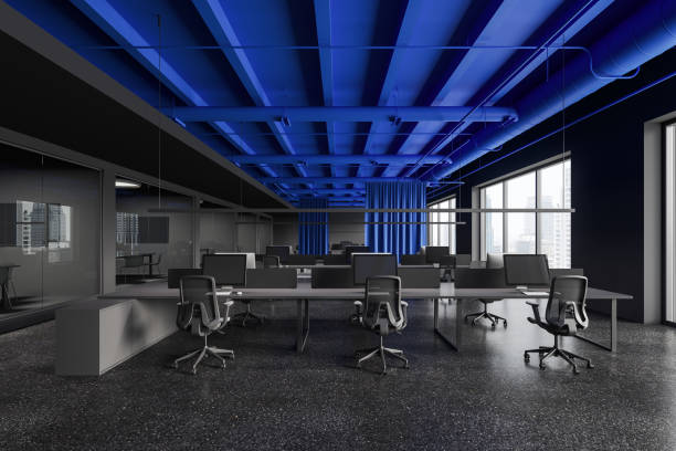 istock Modern office interior with coworking and glass conference boxes, window 2040386287