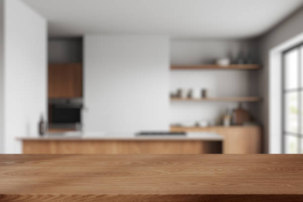 istock Wooden mock up table on background of kitchen interior with cooking space 2040390495