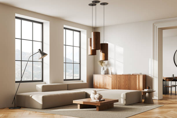 istock Home living room interior with couch and sideboard, eating zone and window 2040392060