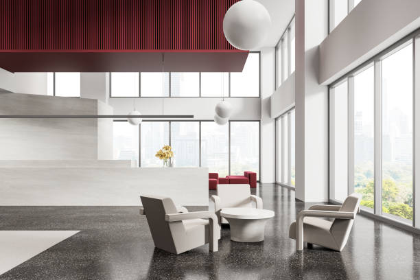 istock White and red office waiting room interior with armchairs 2040400010