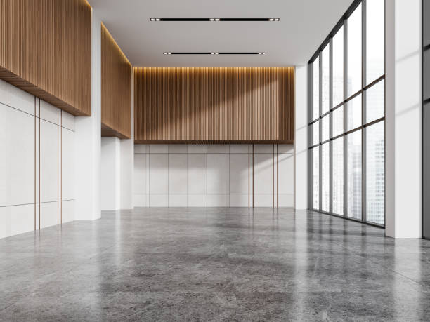 istock Empty white and wooden office room with window 2040404288
