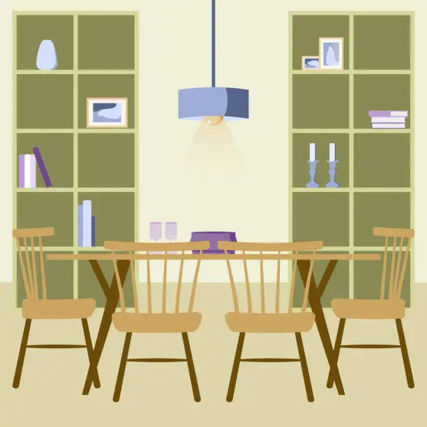 Vector illustration of Mid century style dining room interior in green and brown with dining table and chairs