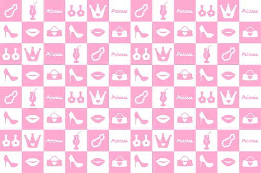 abstract seamless pattern in the form of a pink slipper, romantic lips, crown, glass. fashionable check, cute graphics in a modern style. for print, paper, Internet, social networks. vector art illustration.