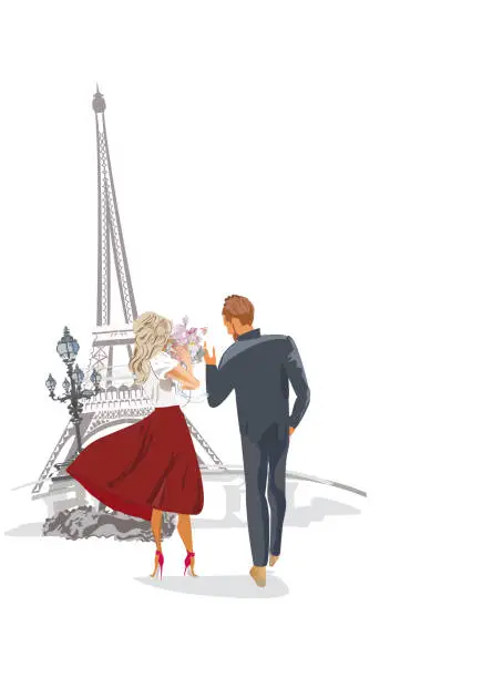 Vector illustration of Design  with a couple on the background with the Eiffel tower and Paris sights, architectural elements.