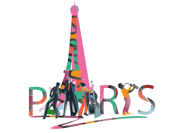 ilustraciones, imágenes clip art, dibujos animados e iconos de stock de diseño con letras abstractas de colores parís y la torre eiffel, músicos de jazz. - eiffel tower paris france france tower