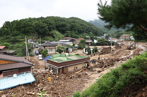 A village swept away by landslides and sands caused by torrential rain in the Yecheon-gun area of ​​Gyeongsangbuk-do, South Korea in July 2023.