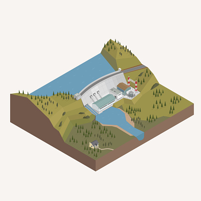 Dam, hydro energy, hydro power plant with isometric graphic