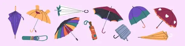 Vector illustration of Umbrellas set. Different types of parasols: straight gamp, folded brolly. Automatic foldable canopy. Open and closed rainshades. Protection from rain, sunlight. Flat isolated vector illustrations