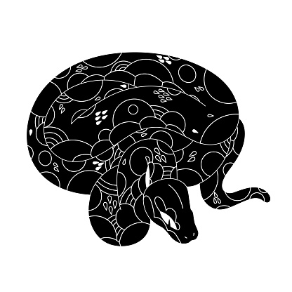 Coiled anaconda silhouette. Black patterned boa line art. Monochrome ornamented python. Curled snake, tropical serpent. Cold blooded animal. Flat isolated vector illustration on white background.