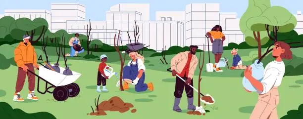 Vector illustration of Team of ecology activists planting trees in soil. People with kids care about garden, urban park. Person watering seedlings. Characters growing saplings. Green environment. Flat vector illustration