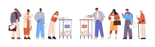 Vector illustration of Different voters put ballot paper in transparent box. People in queue line vote at election day. Person casts questionnaire with social choice in container. Flat isolated vector illustration on white