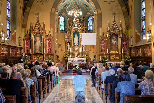 Krakow, Poland - August 11, 2023: The image of the Divine Mercy is a depiction of Jesus Christ that is based on the devotion initiated by saint Faustina Kowalska. The image is in Legiewniki in Krakow, PolandKrakow, Poland - August 11, 2023: The image of the Divine Mercy is a depiction of Jesus Christ that is based on the devotion initiated by saint Faustina Kowalska.