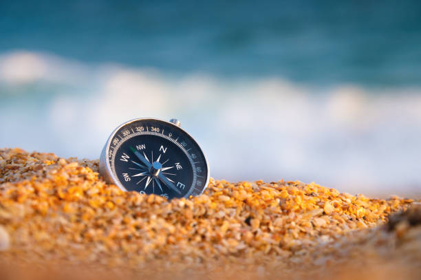 compass on sea sand and place for text. close up of navigation device on sandy beach without people, top view - compass exploration the way forward beach zdjęcia i obrazy z banku zdjęć