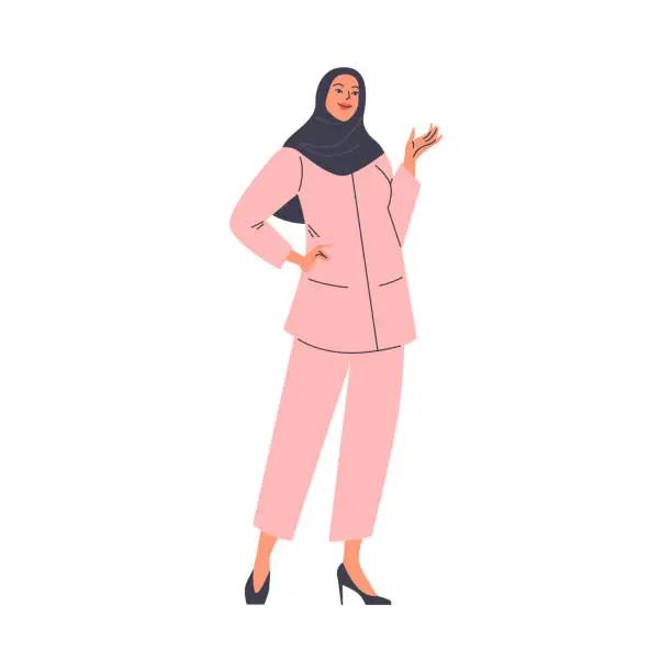 Vector illustration of Chic oriental lady in a pink pantsuit and hijab on an isolated background.