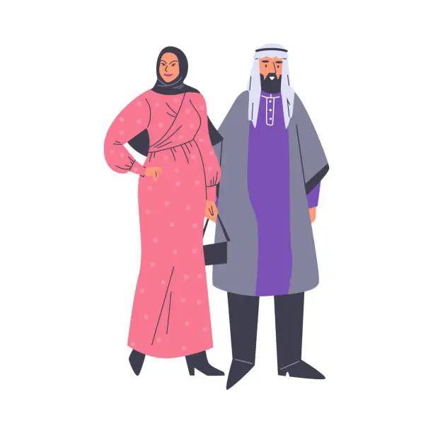 Vector illustration of Arabian man in skullcap and woman in hijab, vector Muslim modern male and female fashion, stylish Islamic couple