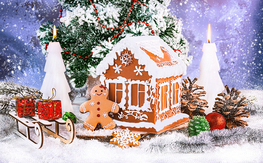 Background with ingredients to decorate a gingerbread house at home