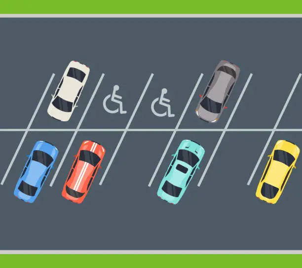 Vector illustration of Top view of car vehicle in parking. Parking in city. Parking zone with place for disable.