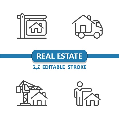 Real Estate Icons. House, Home, For Sale Sign, Moving Truck, Construction, real estate agent Icon. Professional, 32x32 pixel perfect vector icon. Editable Stroke