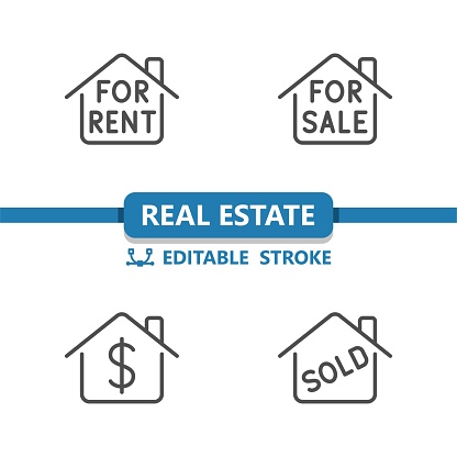 Real Estate Icons. Sign, For Sale, Rent, Sold, Dollar, Home, House Icon. Professional, 32x32 pixel perfect vector icon. Editable Stroke