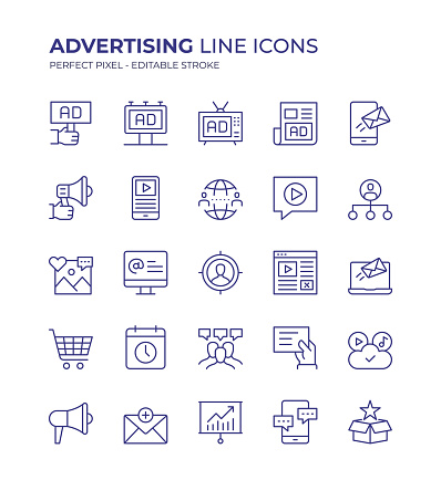 Advertising Editable Line Icon Set contains such icons as Billboard Ad, E-Mail Marketing, Digital Marketing, TV Ad, Megaphone, Web Page, Mobile Marketing and so on