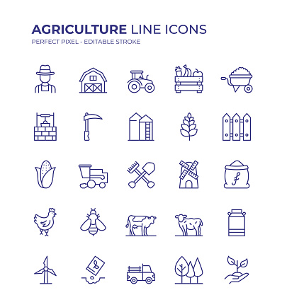 Agriculture Editable Line Icon Set contains such icons as Farmer, Barn, Tractor, Harvest, Husbandry, Livestock, Poultry, Seedling, Combine Harvester and so on