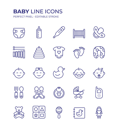 Baby Editable Line Icon Set contains such icons as Diaper, Feeder, Crib, Nipple, Infant Bodysuit, Baby Girl, Toy, Teddy Bear and so on