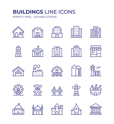 Buildings Editable Line Icon Set contains such icons as House, Apartment, Skyscraper, Police Station, Hospital, Hotel, Store, Factory, Airport, Stadium, Church, Museum and so on