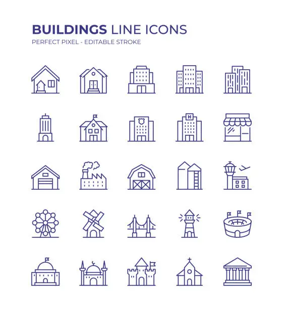 Vector illustration of Buildings Editable Line Icon Set contains such icons as House, Apartment, Police Station, Hospital, Factory, Airport, Stadium, Church, Museum and so on