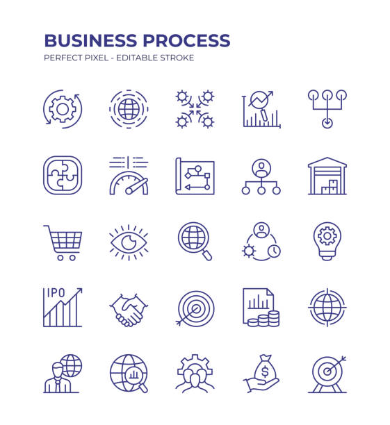 stockillustraties, clipart, cartoons en iconen met business process editable line icon set contains such icons as business plan, strategy, revenue model, business model, and so on - bedrijfsproces